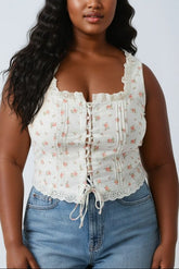 Plus Size Floral Tie-Front Lace Trim Top