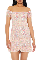 Smocked Ornate Print Mini Dress
