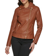 Faux Leather Asymmetrical Moto Jacket Cognac