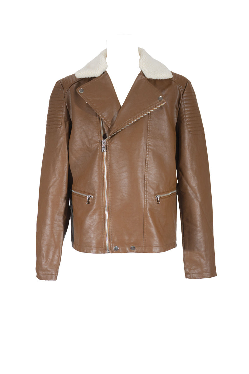  Forever 21 Faux Leather Biker Jacket - brown-white-swatch - Bonton
