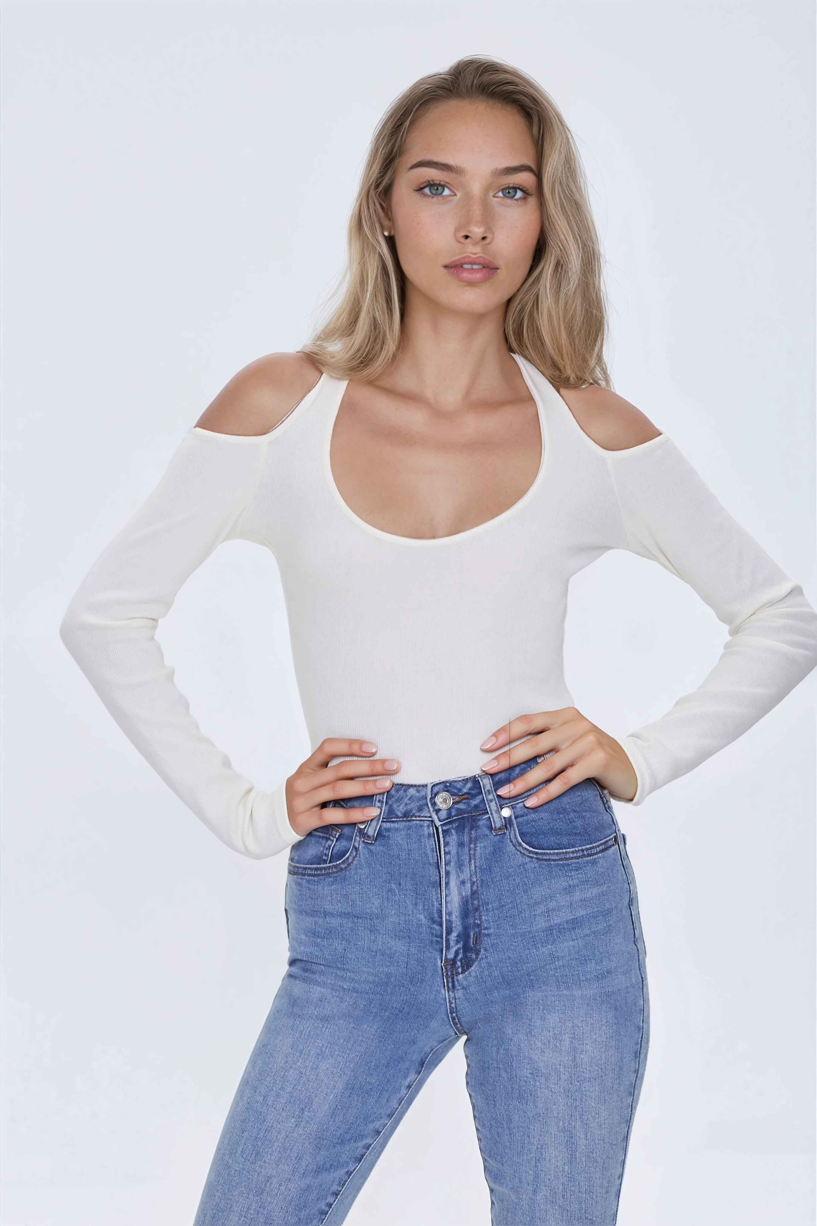  Forever 21 Ribbed Open-Shoulder Top - cream - Bonton