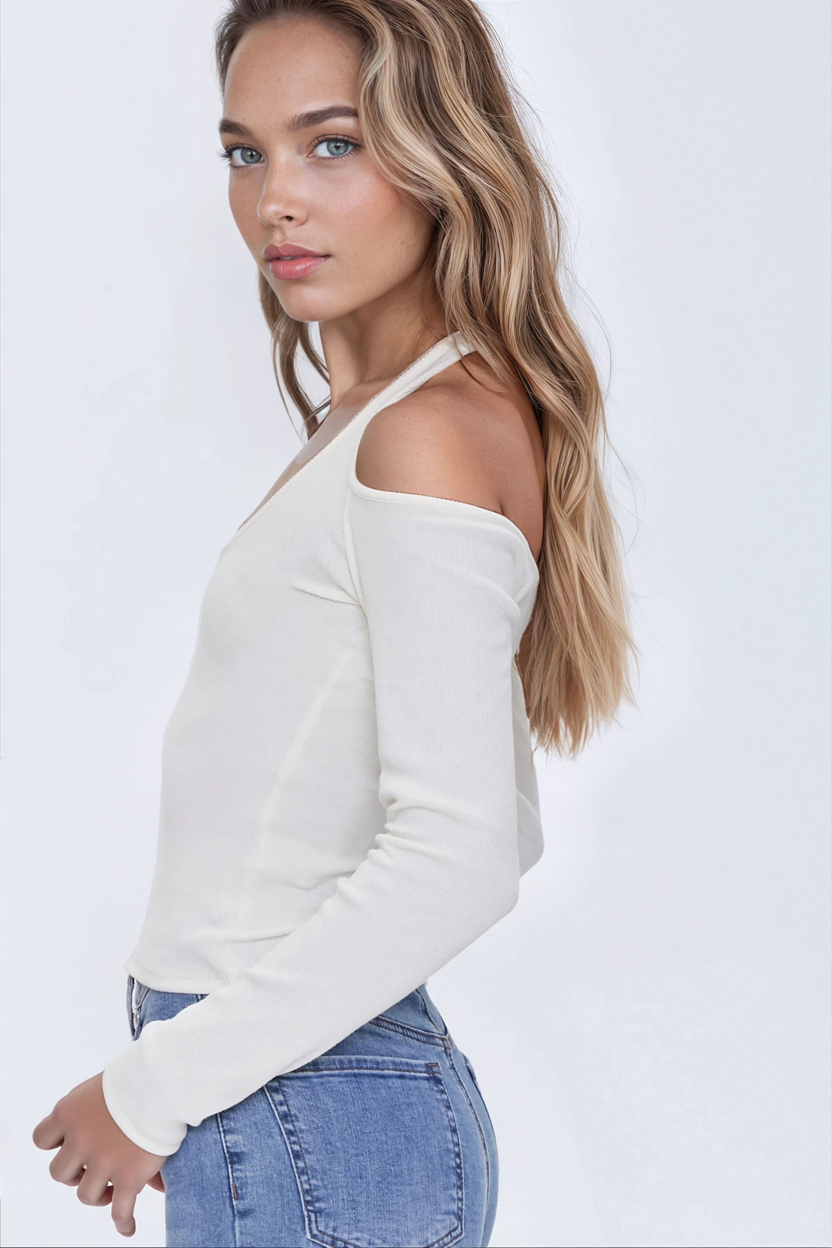  Forever 21 Ribbed Open-Shoulder Top - cream - Bonton