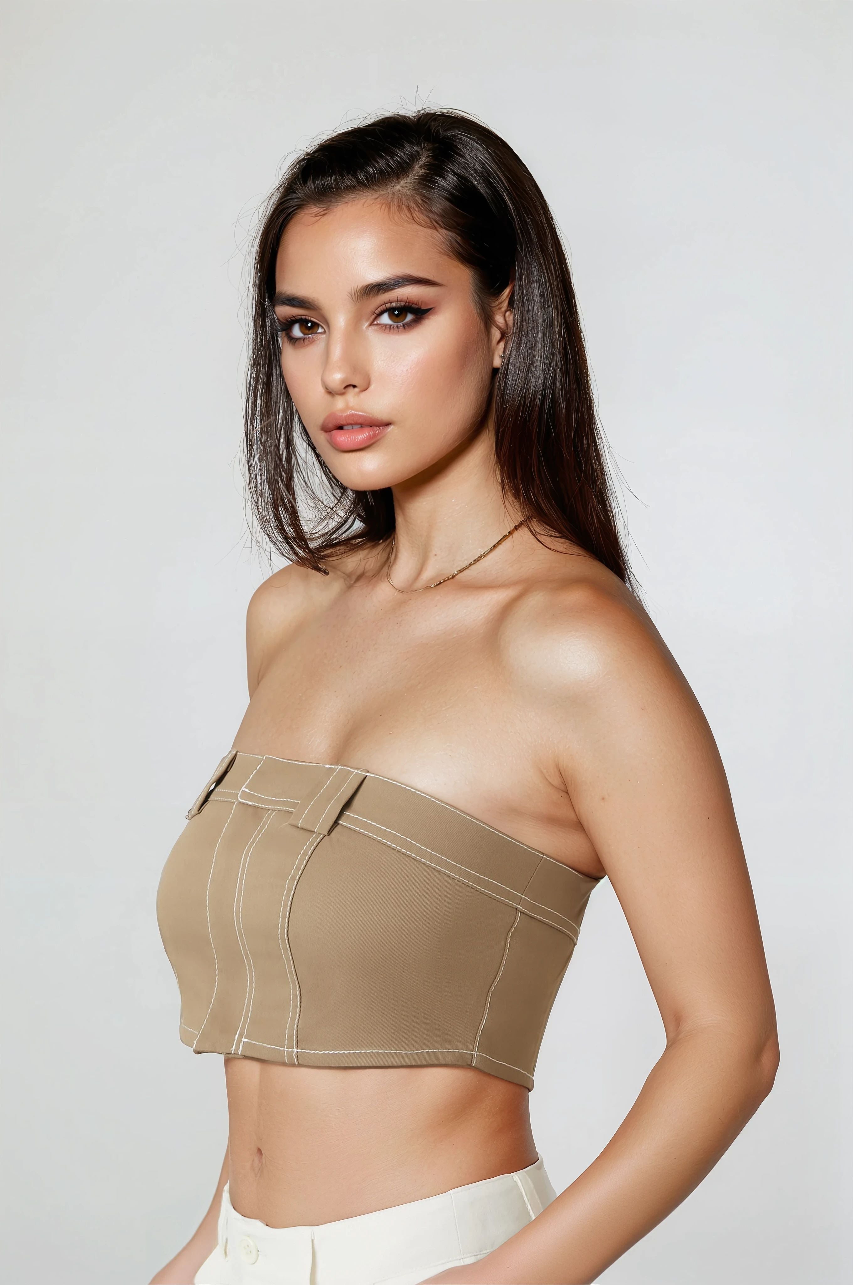  Forever 21 Super Cropped Button-Front Tube Top - tan - Bonton