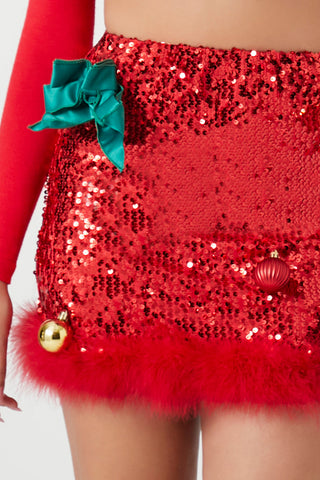 Christmas Bow & Ornament Sequin Mini Skirt