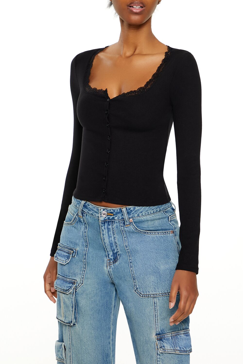  Forever 21 Ribbed Lace-Trim Top - white - Bonton
