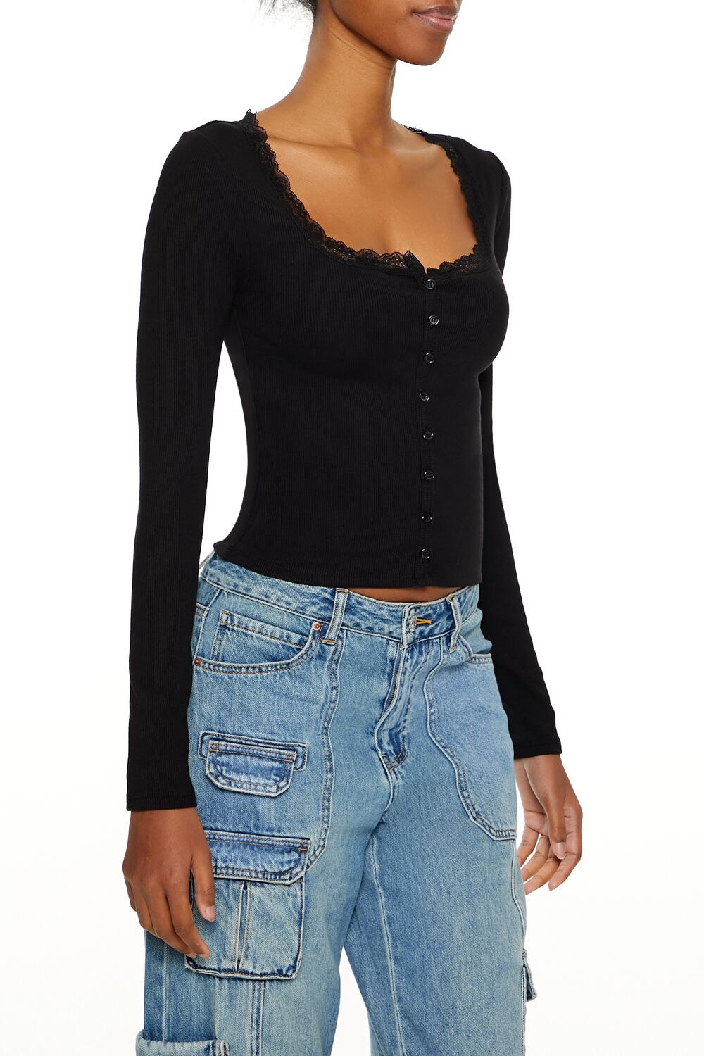  Forever 21 Ribbed Lace-Trim Top - white - Bonton