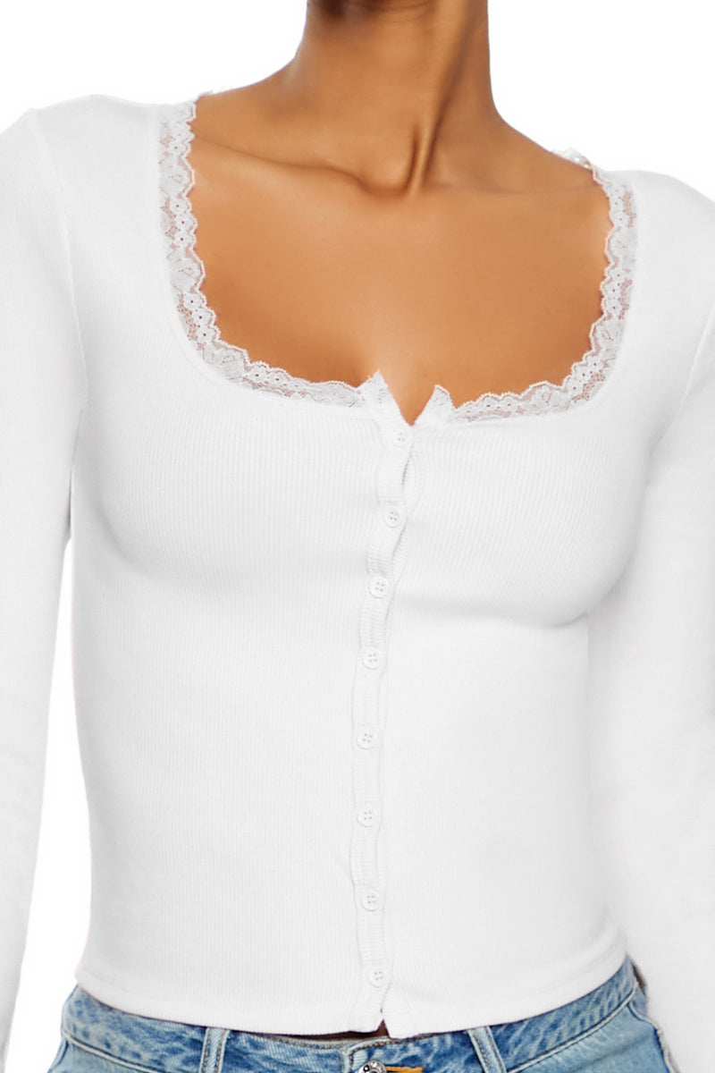  Forever 21 Ribbed Lace-Trim Top - white - Bonton
