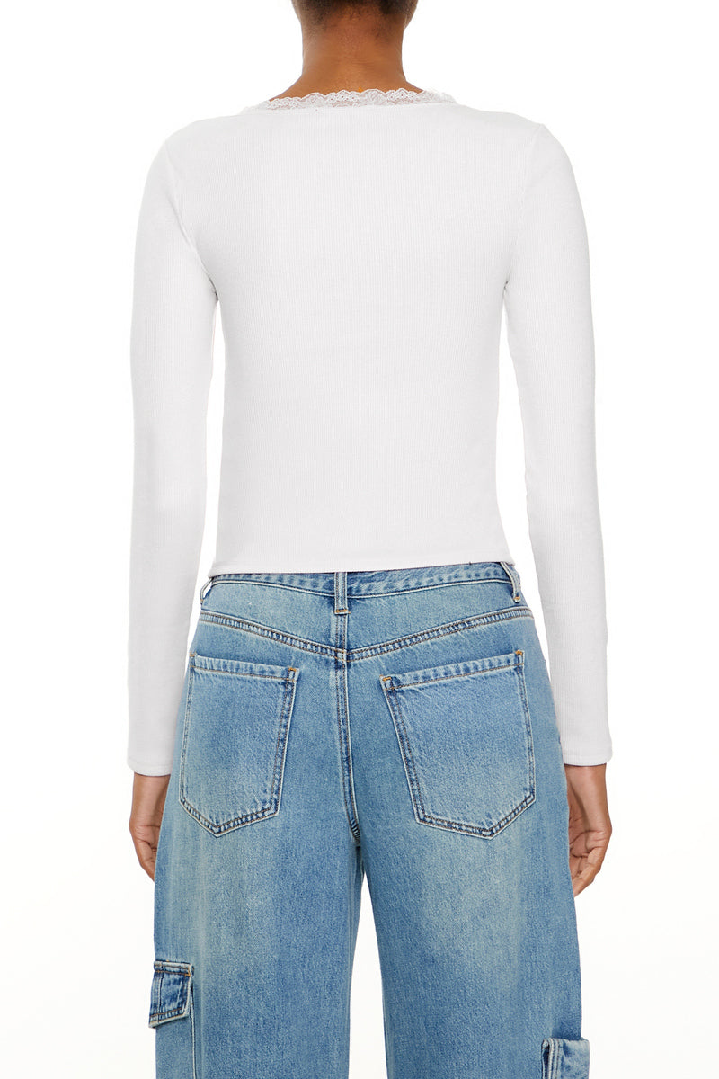  Forever 21 Ribbed Lace-Trim Top - white - Bonton