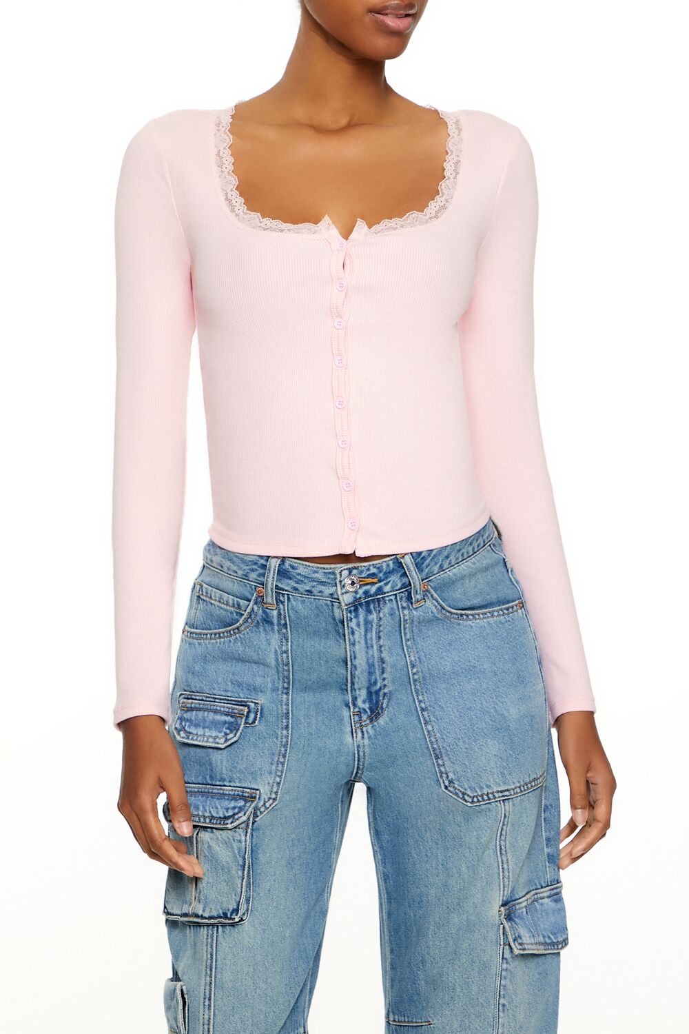  Forever 21 Ribbed Lace-Trim Top - white - Bonton