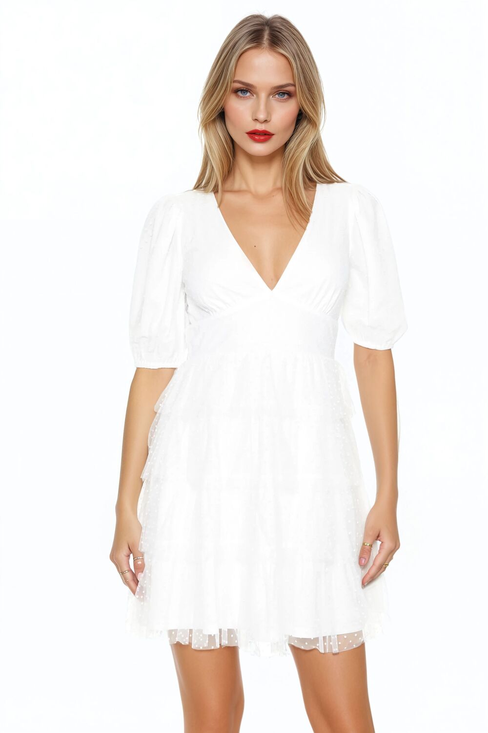  Forever 21 Clip-Dot Puff-Sleeve Mini Dress - white - Bonton