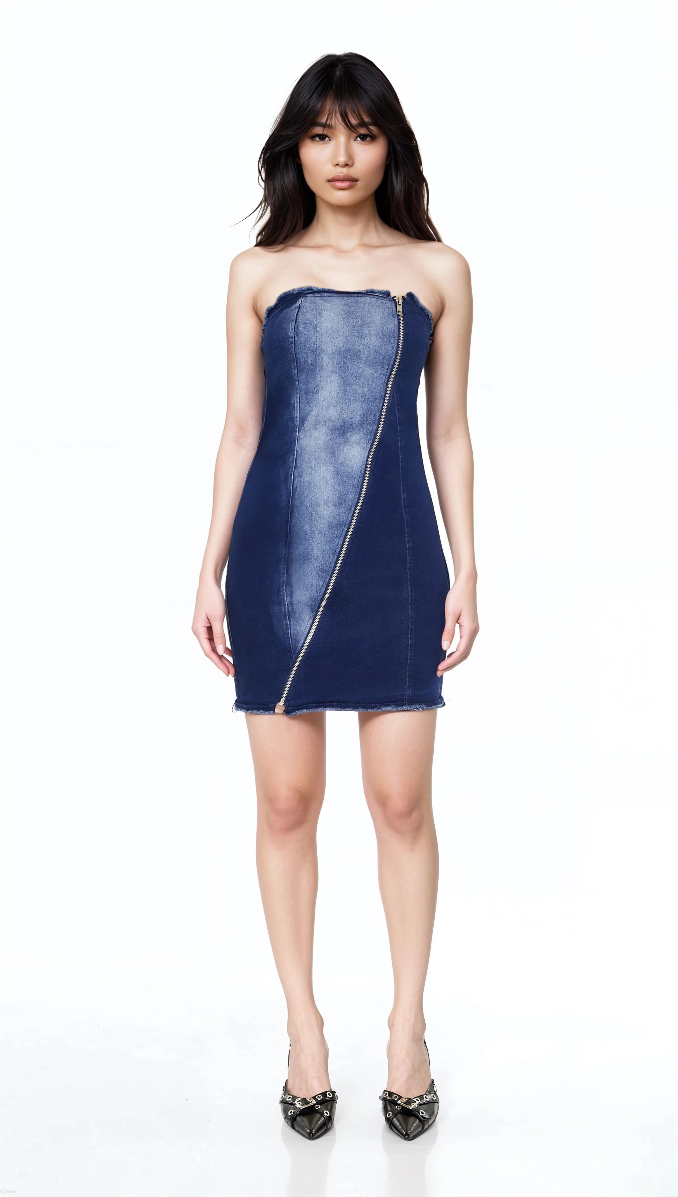  Forever 21 Zip-Up Denim Tube Mini Dress - dark-denim - Bonton