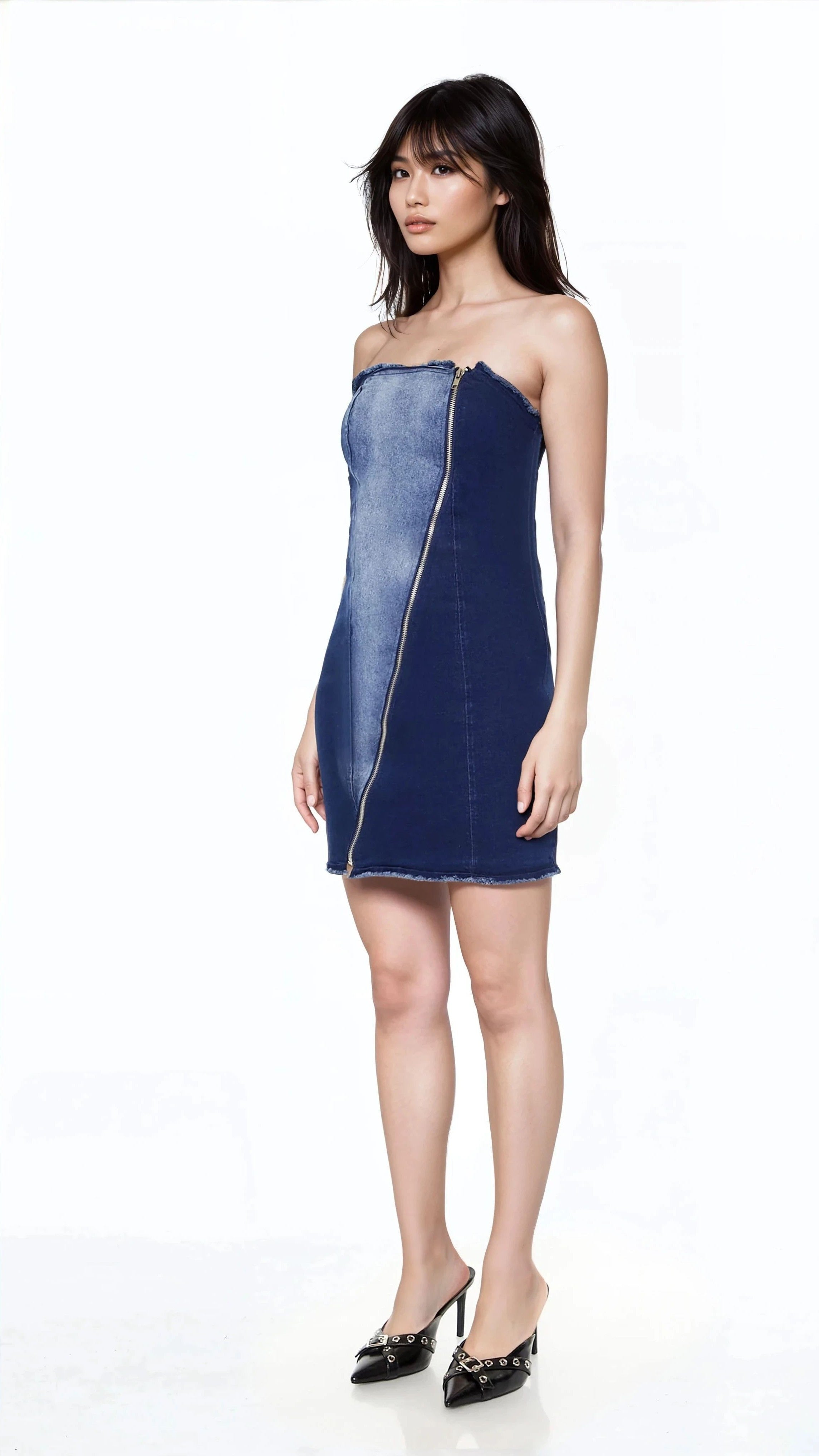  Forever 21 Zip-Up Denim Tube Mini Dress - dark-denim - Bonton
