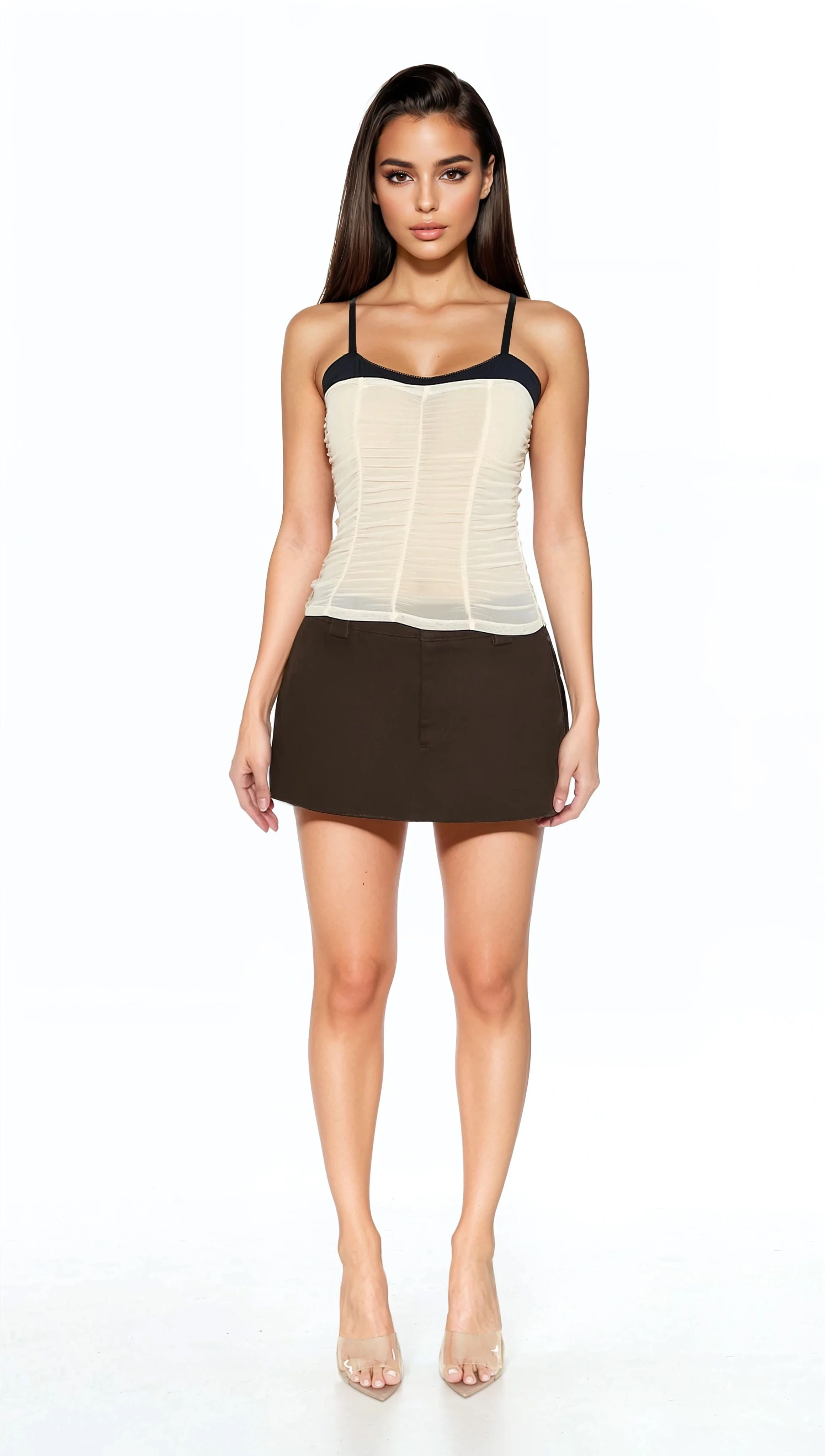  Forever 21 Ruched Mesh Colorblock Cami - cream black - Bonton