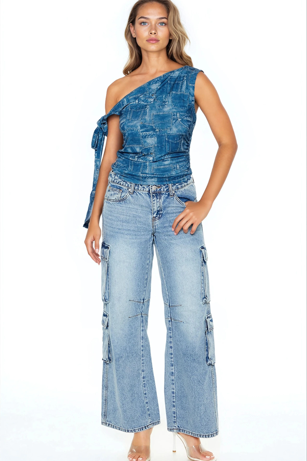  Forever 21 Denim Print Off-the-Shoulder Top - blue multi - Bonton