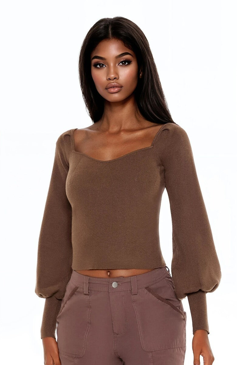  Forever 21 Gigot-Sleeve Sweater-Knit Crop Top - espresso - Bonton