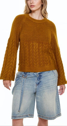 Peasant-Sleeve Cable Knit Sweater