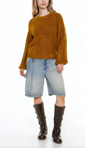 Peasant-Sleeve Cable Knit Sweater
