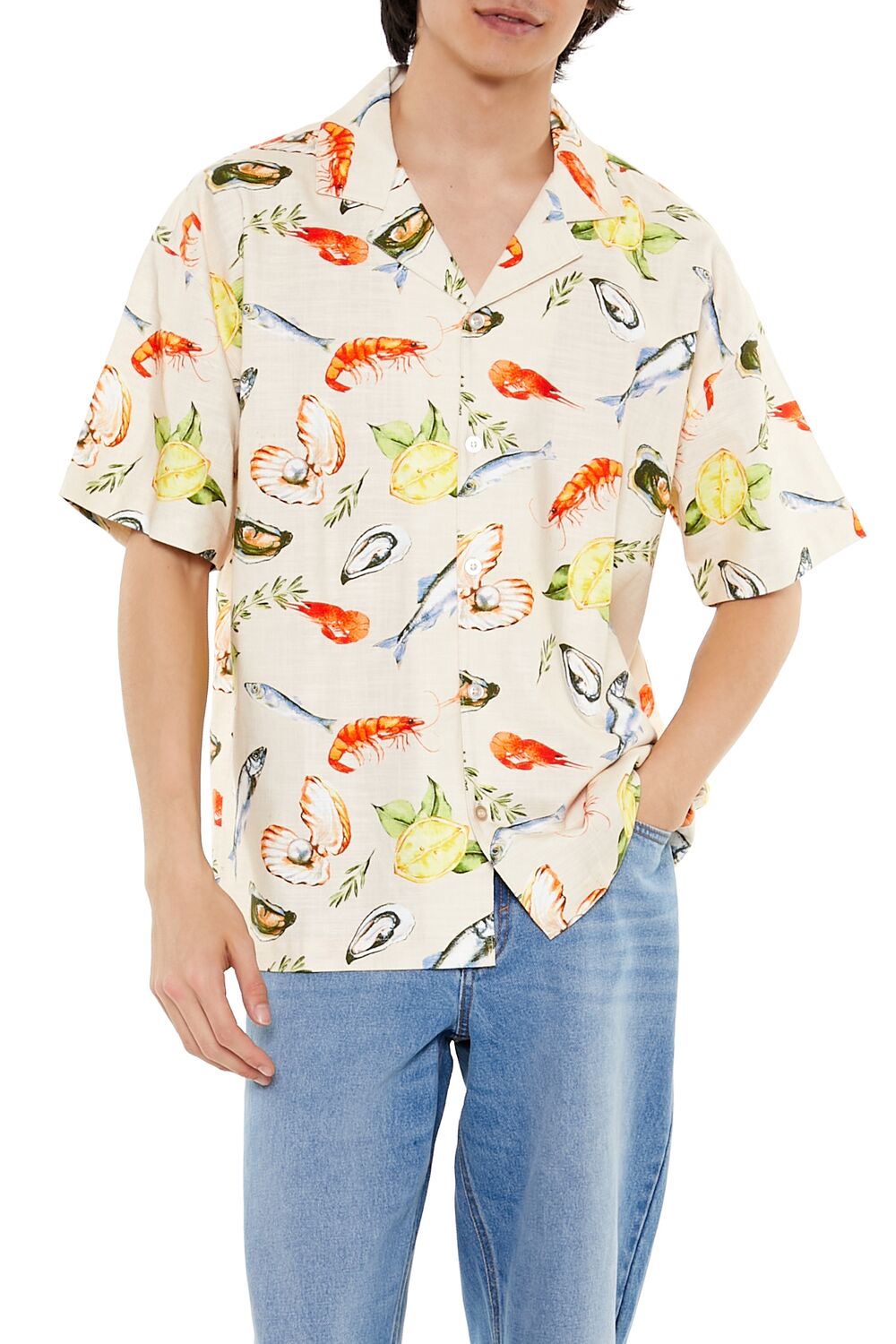  Forever 21 Fish Print Shirt - cream multi - Bonton
