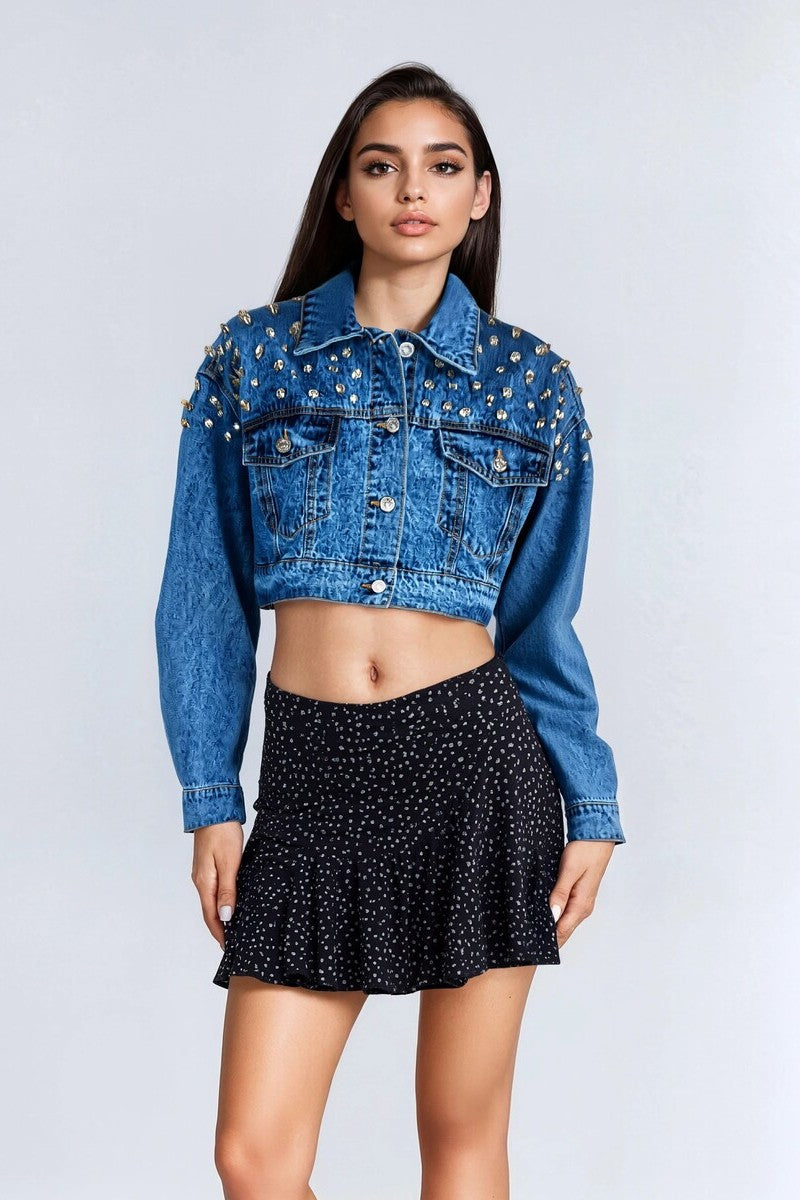  Forever 21 Cropped Rhinestone Denim Jacket - medium-denim - Bonton