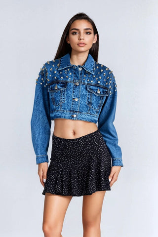 Cropped Rhinestone Denim Jacket