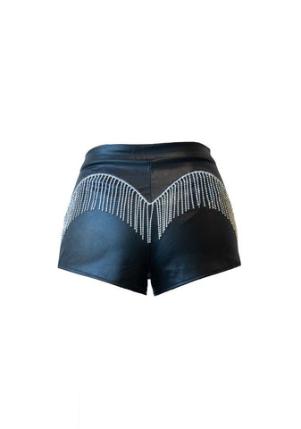 Rhinestone-Fringe Faux Leather Shorts