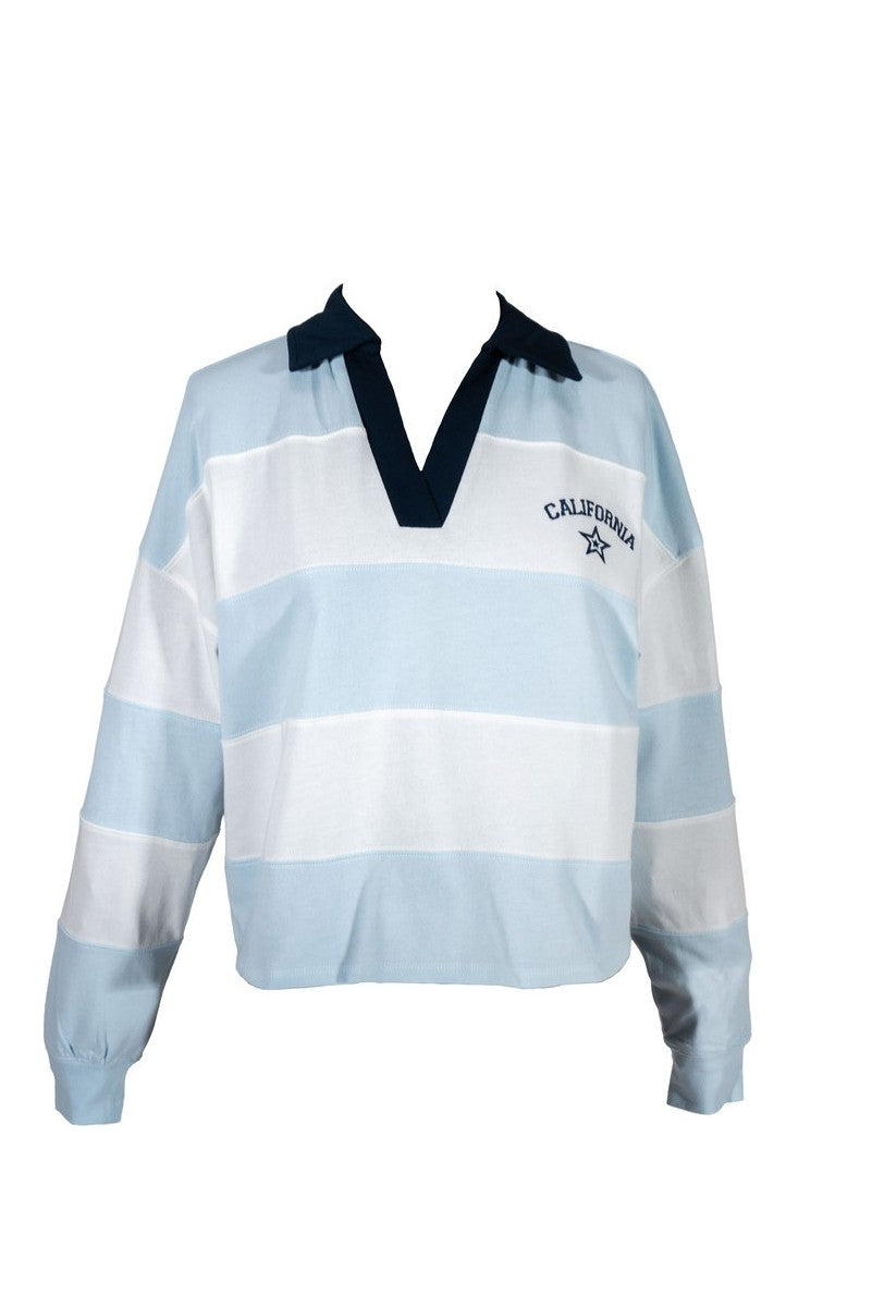  Forever 21 California Striped Graphic Long-Sleeve Polo Top - blue - Bonton