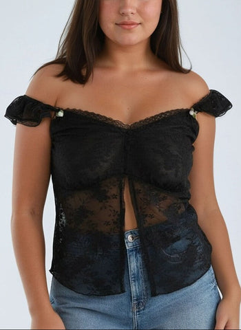 Plus Size Sheer Cap-Sleeve Lace-Trim Top