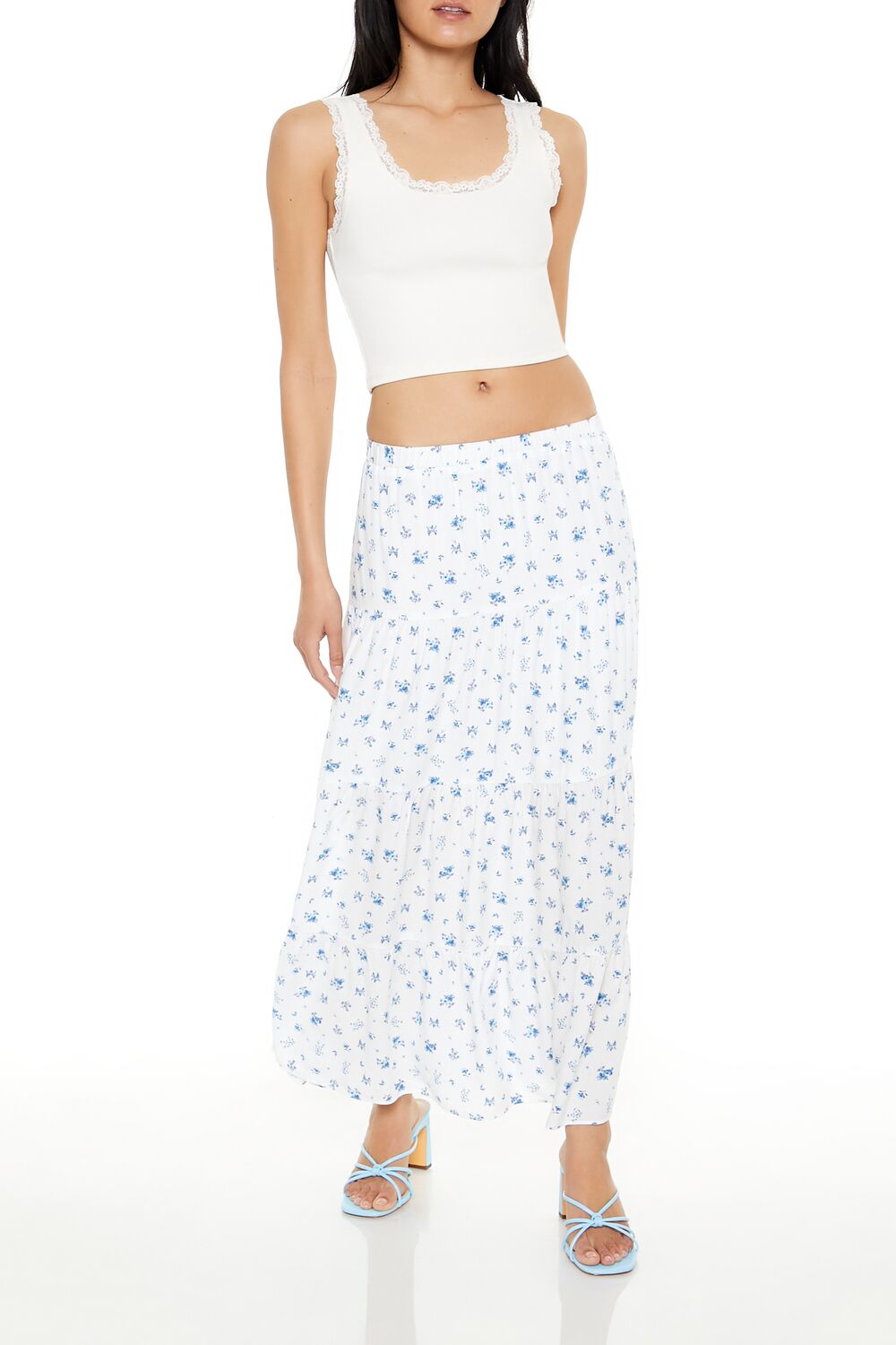  Forever 21 Tiered Floral Print Maxi Skirt - blue-multi - Bonton