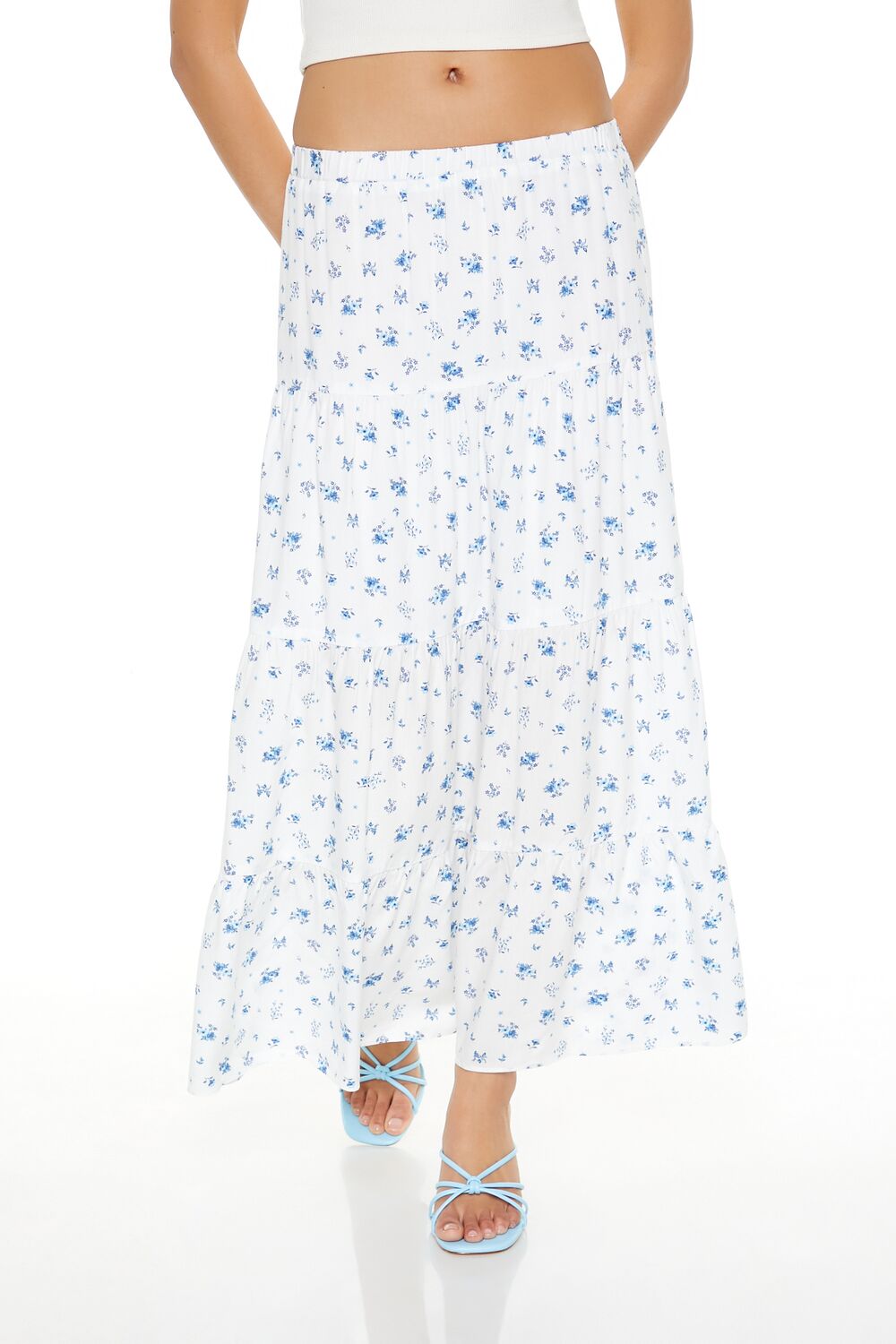  Forever 21 Tiered Floral Print Maxi Skirt - blue-multi - Bonton