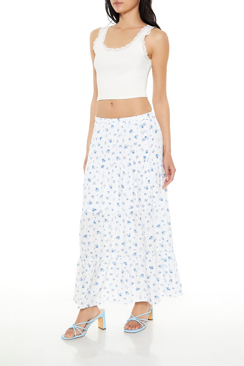  Forever 21 Tiered Floral Print Maxi Skirt - blue-multi - Bonton