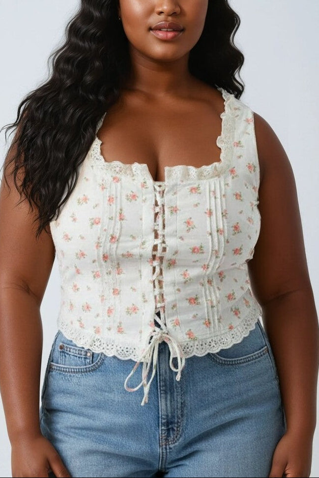  Forever 21 Plus Size Floral Tie-Front Lace Trim Top - cream multi - Bonton
