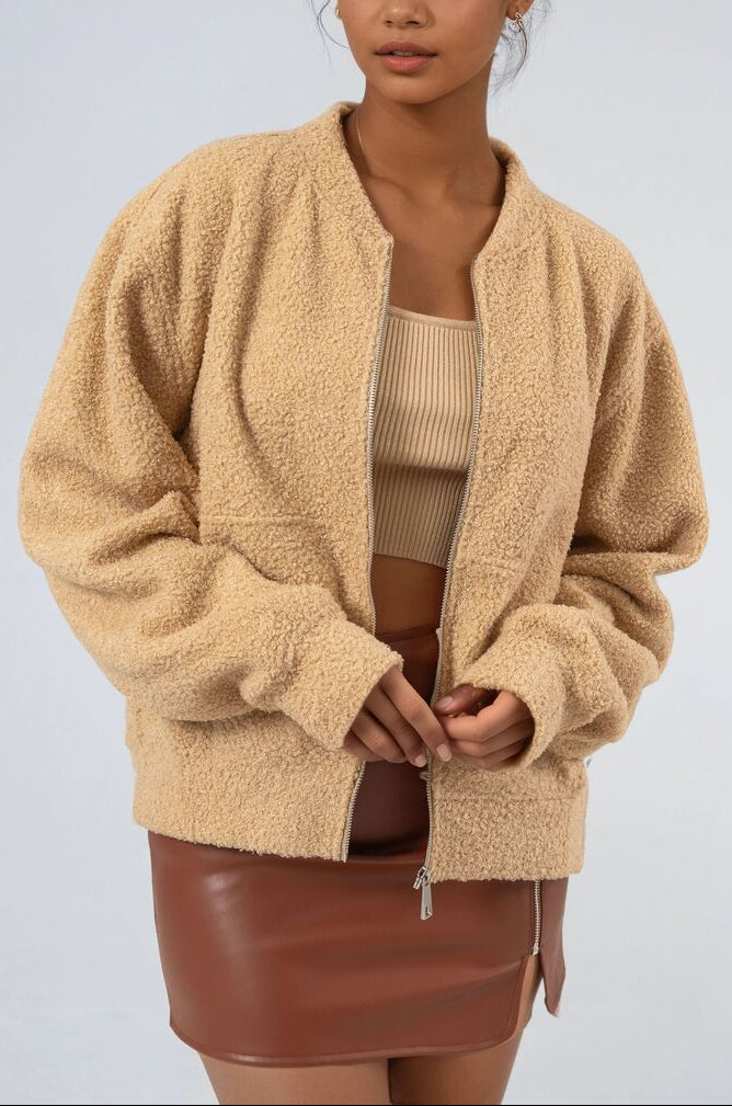  Forever 21 Boucle Zip-Front Bomber Jacket - beige - Bonton