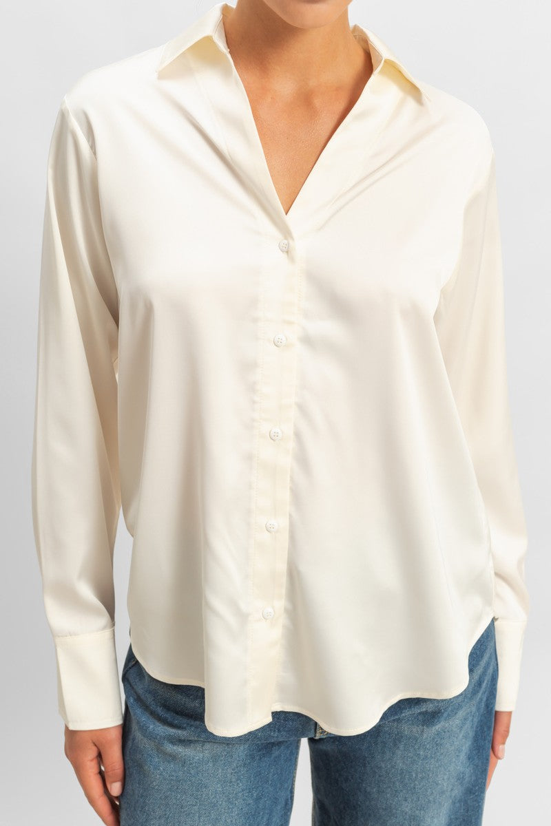  Forever 21 Satin Button-Front Shirt - cream - Bonton