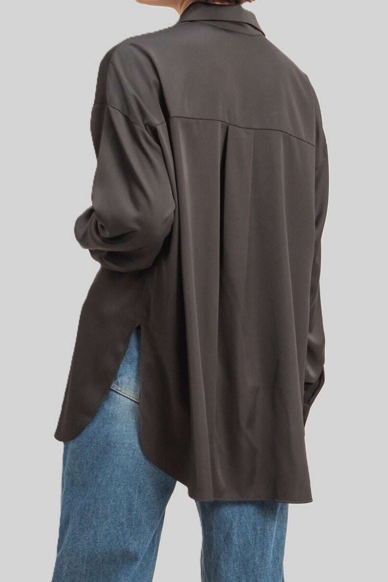  Forever 21 Oversized Satin Button-Up Shirt - black - Bonton