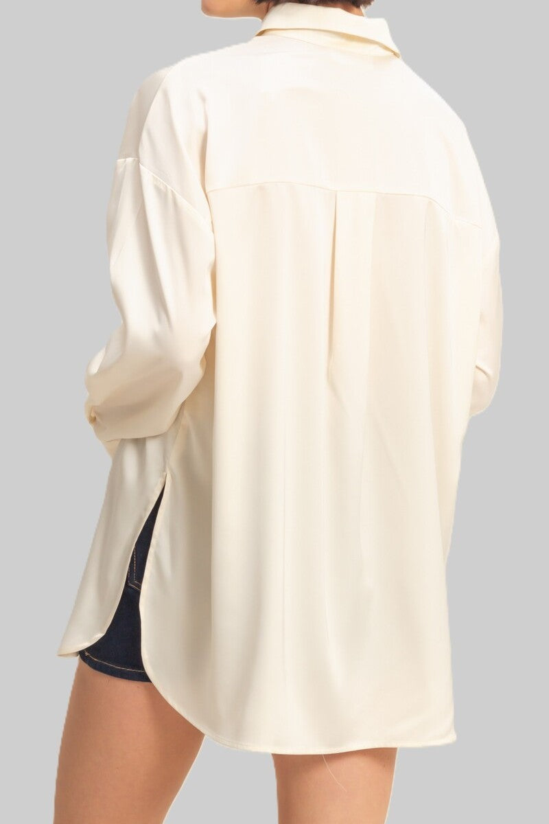  Forever 21 Oversized Satin Button-Up Shirt - black - Bonton