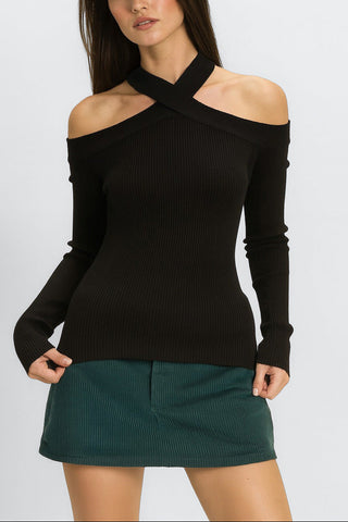 Ribbed Off-The-Shoulder Halter Sweater-Knit Top
