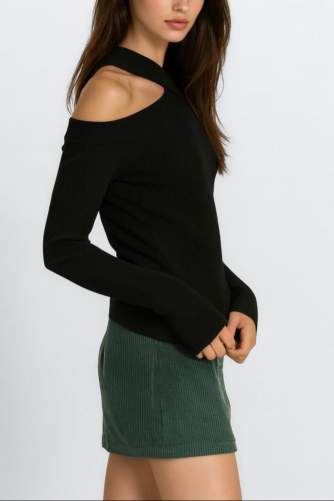  Forever 21 Ribbed Off-The-Shoulder Halter Sweater-Knit Top - black - Bonton