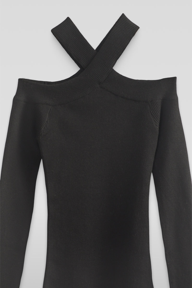  Forever 21 Ribbed Off-The-Shoulder Halter Sweater-Knit Top - black - Bonton