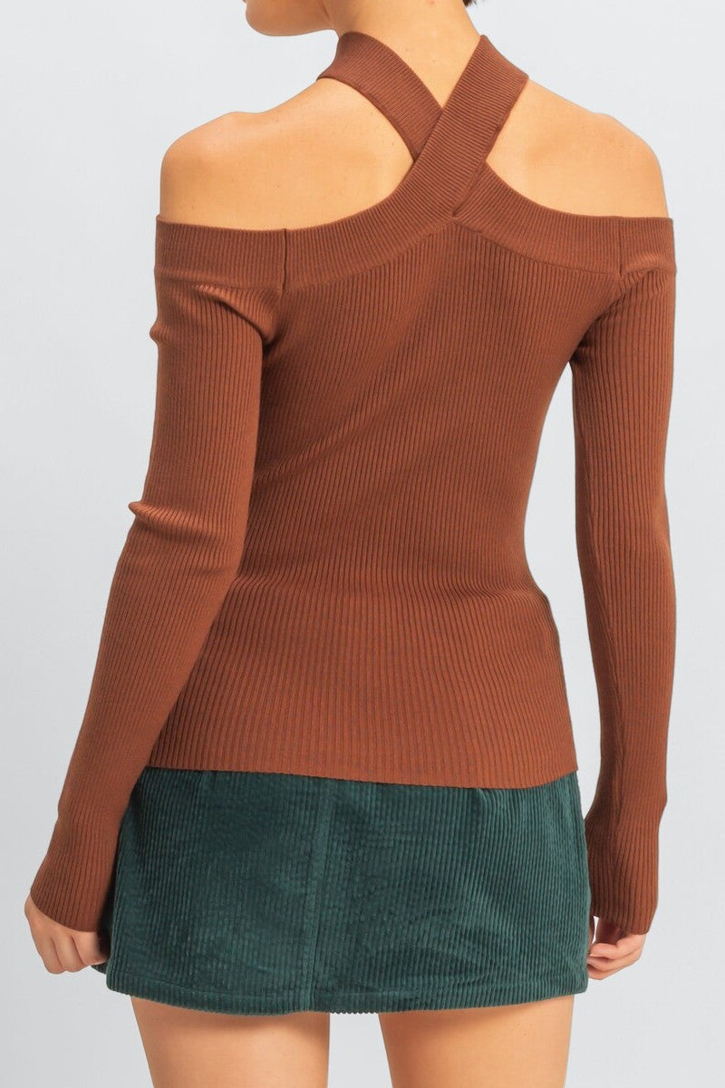  Forever 21 Ribbed Off-The-Shoulder Halter Sweater-Knit Top - black - Bonton