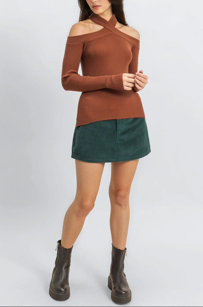  Forever 21 Ribbed Off-The-Shoulder Halter Sweater-Knit Top - black - Bonton