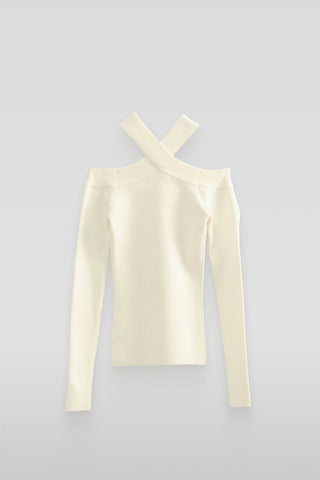 Ribbed Off-The-Shoulder Halter Sweater-Knit Top