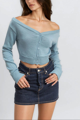 Off-The-Shoulder Cropped Button-Front Sweater