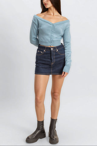 Off-The-Shoulder Cropped Button-Front Sweater