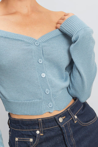 Off-The-Shoulder Cropped Button-Front Sweater