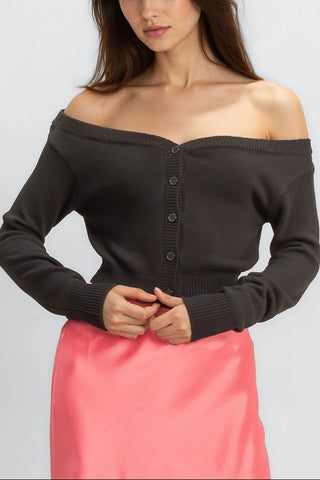 Off-The-Shoulder Cropped Button-Front Sweater