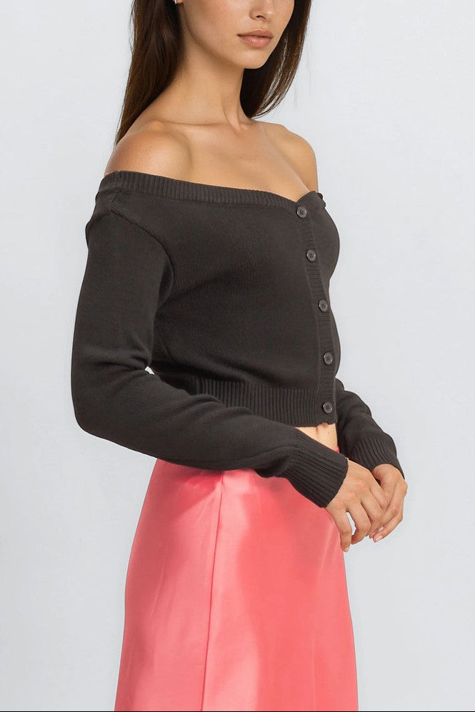  Forever 21 Off-The-Shoulder Cropped Button-Front Sweater - black - Bonton