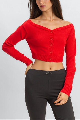 Off-The-Shoulder Cropped Button-Front Sweater