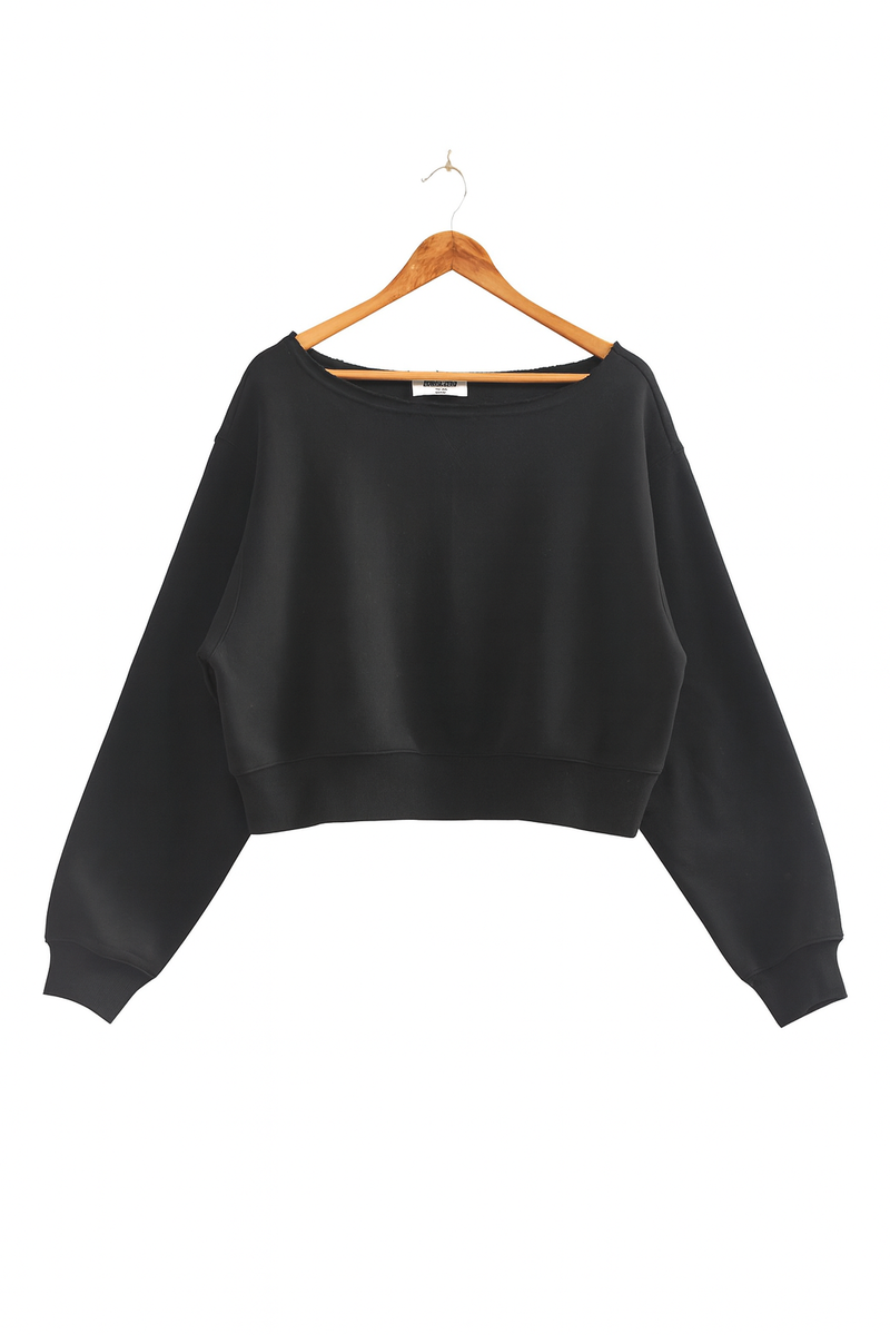  Forever 21 Off-The-Shoulder Cropped Fleece Pullover - black - Bonton