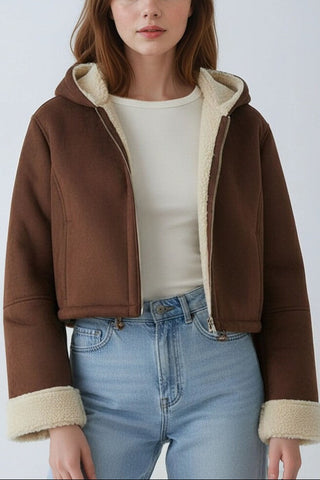 Faux Suede Cropped Hooded Jacket