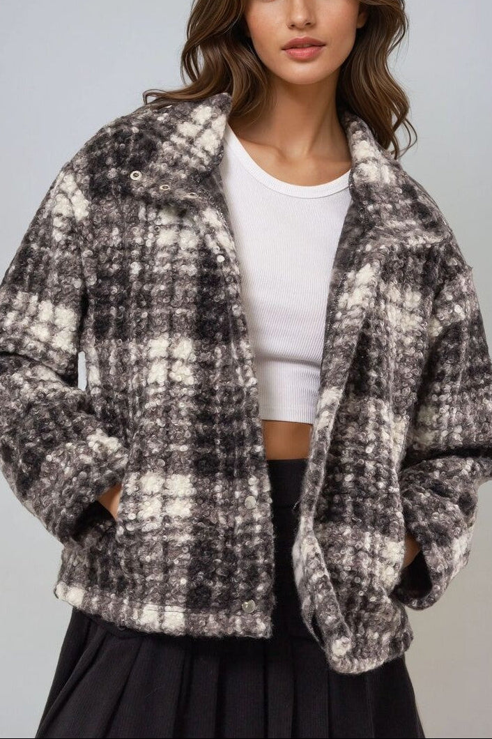  Forever 21 Plaid Boucle Jacket - black-cream - Bonton